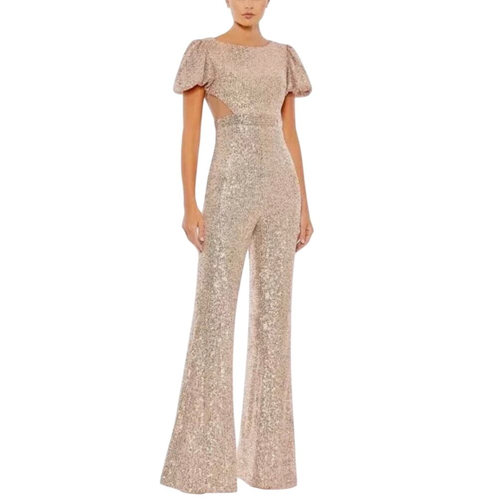Mac Duggal 11273 Jumpsuit Rose Gold Sequin Flared Wide Leg Cut Out Waist Size 10
